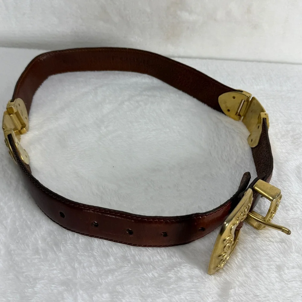 VTG Fossil Womens S Brown Leather Western Concho Belt Gold Tone Filigree Buckle‎